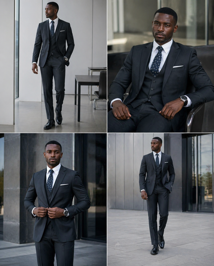 Dark grey slim-fit 3-piece suit with matching vest, white shirt, patterned tie