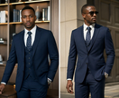 Navy slim-fit 3-piece suit: jacket, waistcoat, and patterned tie