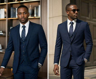 Navy slim-fit 3-piece suit: jacket, waistcoat, and patterned tie