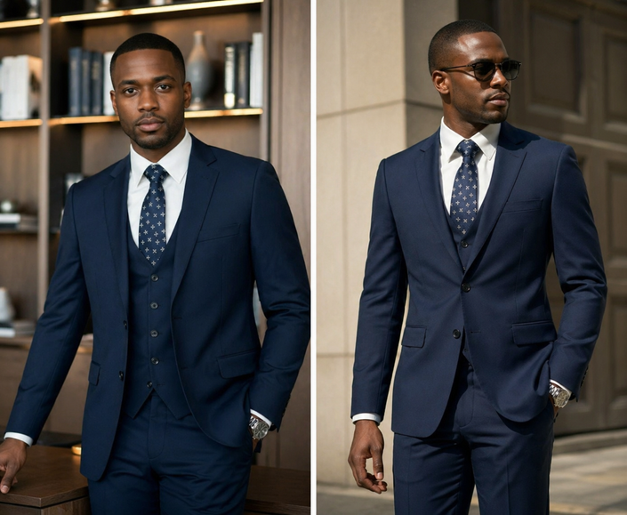 Navy slim-fit 3-piece suit: jacket, waistcoat, and patterned tie