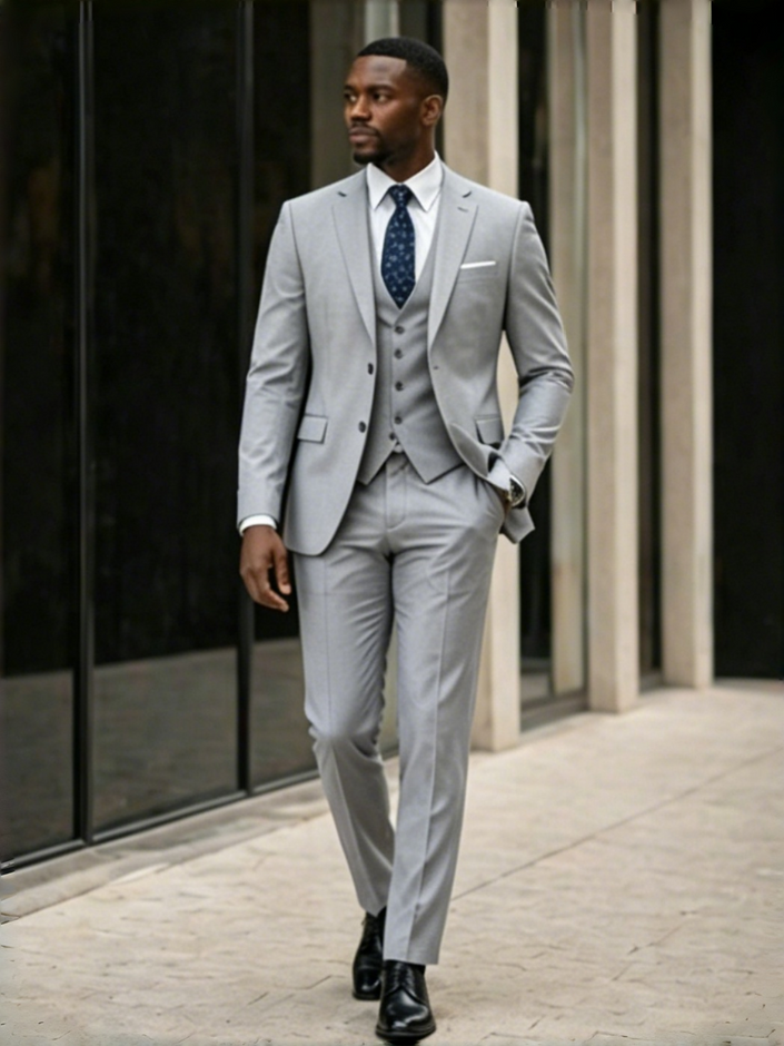 Light gray slim-fit 3-piece suit with blazer, waistcoat, matching trousers, blue tie