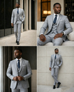 Light gray slim-fit 3-piece suit shown from multiple angles: blazer, waistcoat, trousers