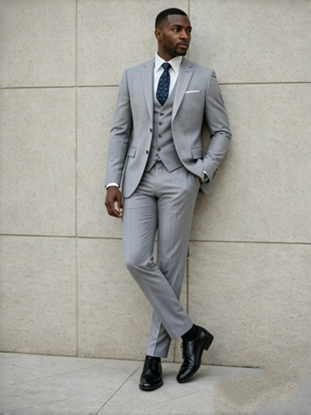 Light gray slim-fit 3-piece suit with jacket, waistcoat, and trousers, white shirt