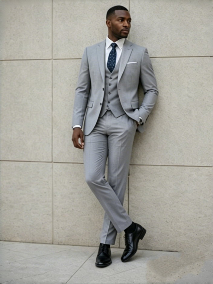 Light gray slim-fit 3-piece suit with jacket, waistcoat, and trousers, white shirt