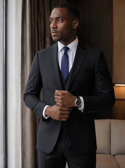 Men's slim-fit formal suit, dark blazer and matching trousers, side stance.