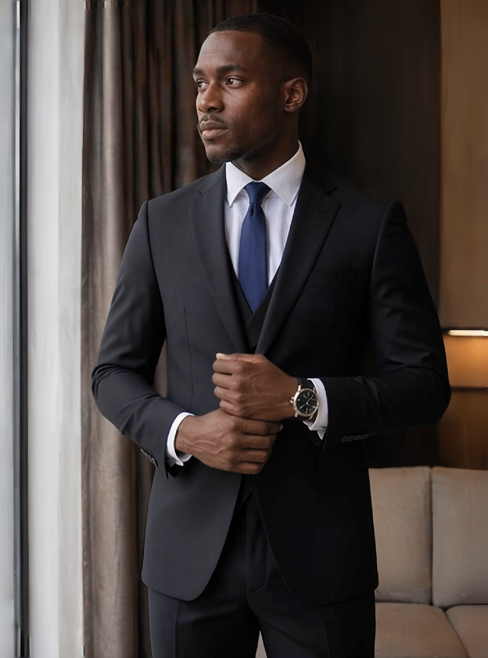 Men's slim-fit formal suit, dark blazer and matching trousers, side stance.