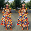 Ruffle-sleeve dress with blue and orange geometric print, flared skirt, V neckline