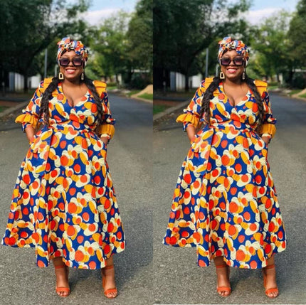 Ruffle-sleeve dress with blue and orange geometric print, flared skirt, V neckline