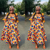 Flared Skirt Dress with Ruffle Sleeves and Geometric Circular Motifs
