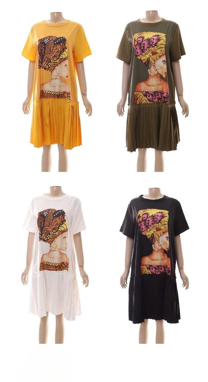 African print pleated dress in yellow, army-green, white, and black with flared pleated skirt