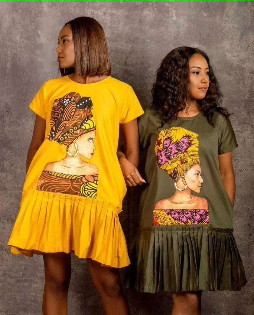 African print pleated dress with illustrated bodice and flared skirt, yellow and army-green views