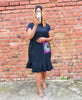 Dark navy pleated hem dress with short sleeves and colorful side pocket