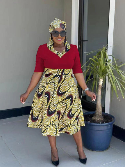 V-Neck Short Sleeve Fitted Mid-Length Dress with Printed Pleated Skirt