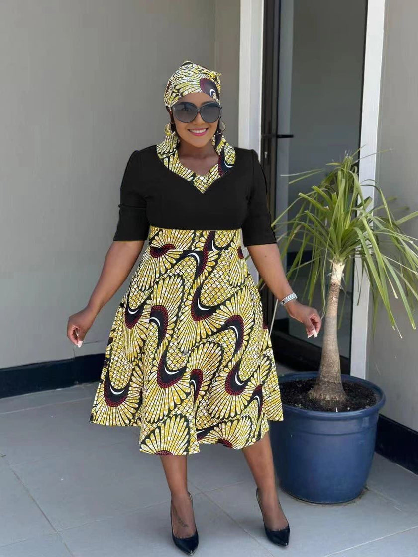 V-Neck Short Sleeve Fitted Mid-Length Dress with Printed Pleated Skirt