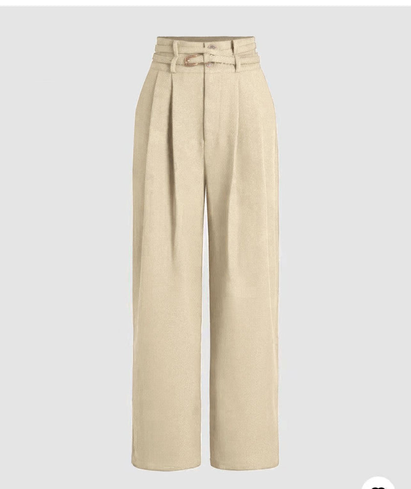 Wheat high-waist wide-leg pants with belt loops and front button