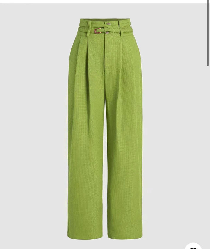 High-waist belted wide-leg pants in lime green