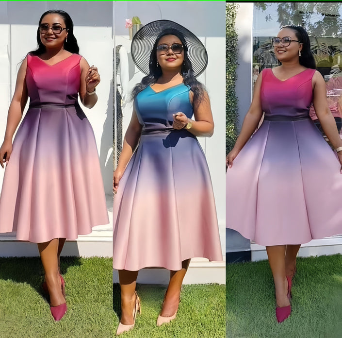 Sleeveless V-neck A-line gradient dress, pink-to-purple ombre with bow at waist