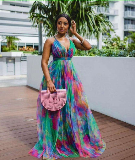 Sleeveless V-neck gradient maxi dress with gathered waist, multicolor purple blue green