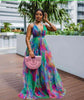 Sleeveless V-neck gradient maxi dress with gathered waist, multicolor purple blue green