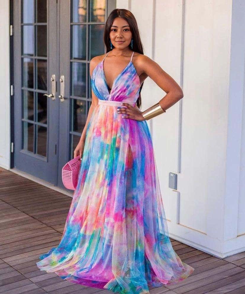 Sleeveless V-neck gradient maxi dress, flowing tiered skirt in purple, blue and green hues