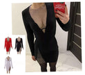 Bodycon mesh evening dress with deep V neckline, long sleeves, black and sheer panel