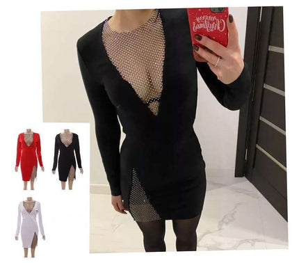 Bodycon mesh evening dress with deep V neckline, long sleeves, black and sheer panel