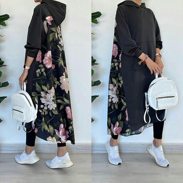 Black hoodie dress with layered floral print skirt panel, long sleeves