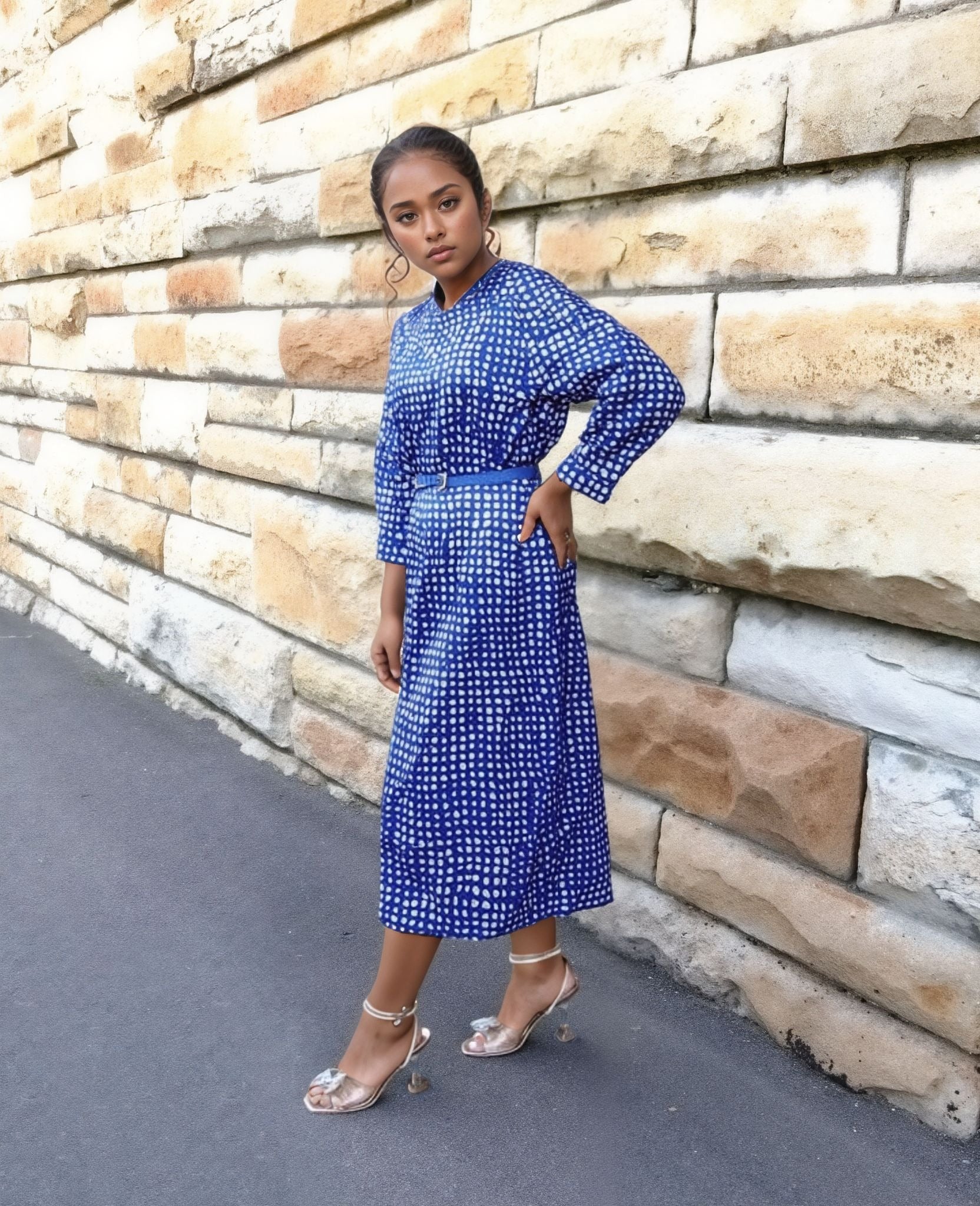 Women's Polka Dot Three-Quarter Sleeve Side Slit Dress
