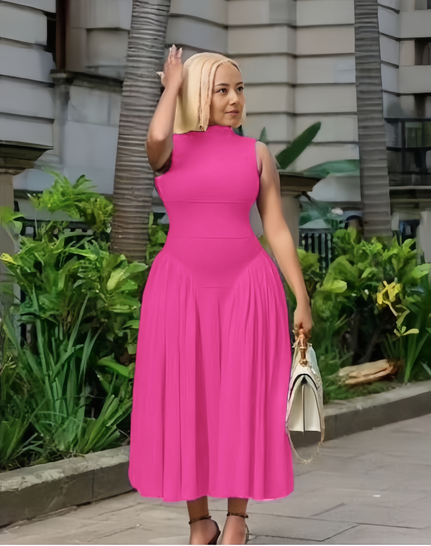 Deep-pink A-line midi dress with defined waist, sleeveless high neck, pleated skirt