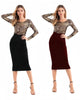 High-waist stretch midi pencil skirt with elastic waistband, slim fit, front view
