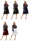 Pleated A-line skirt with stretch waist, mid-calf length, solid color
