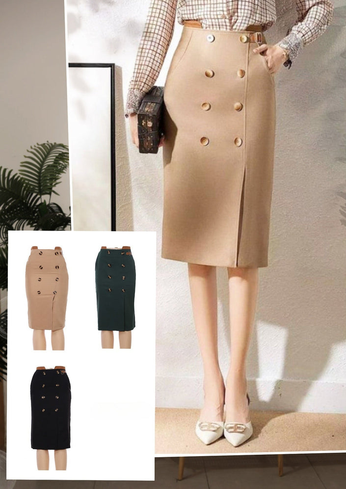High-waist slim double-breasted skirt, gold buttons, tan