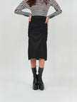 Ruched midi skirt with adjustable stretch waistband, black, gathered front