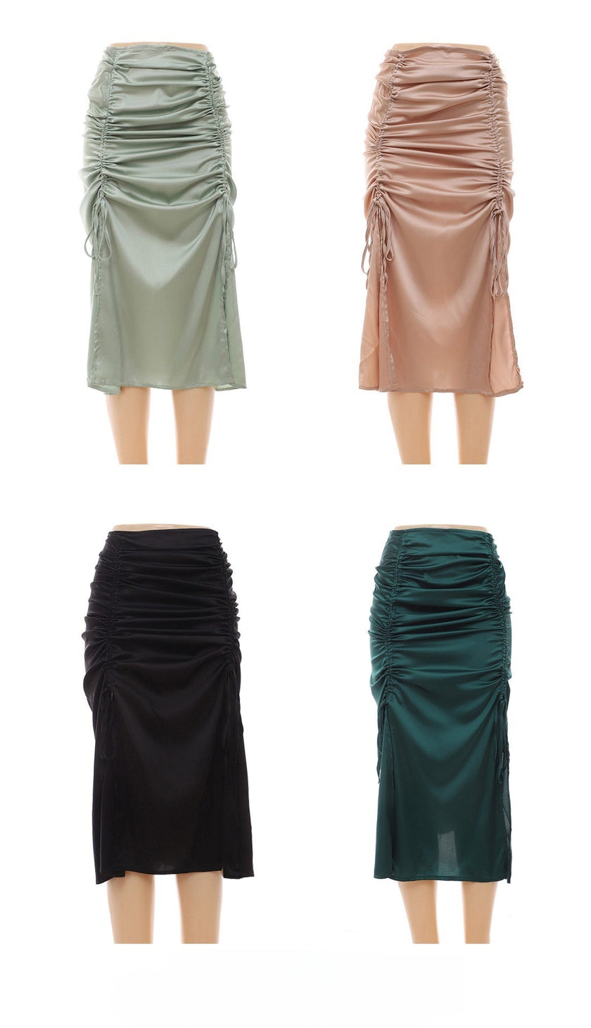 Ruched midi skirt color options: mint, dusty pink, black, deep green