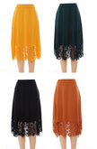 High-waist midi lace-hem skirt set: yellow, dark green, black, and orange