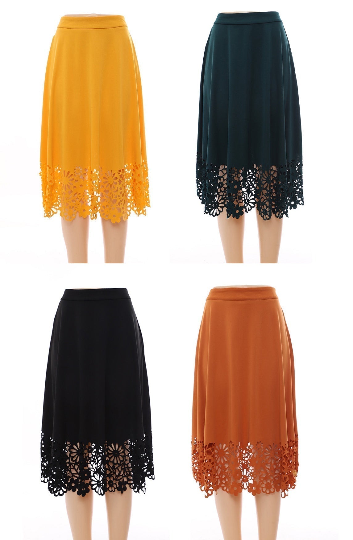 High-waist midi lace-hem skirt set: yellow, dark green, black, and orange