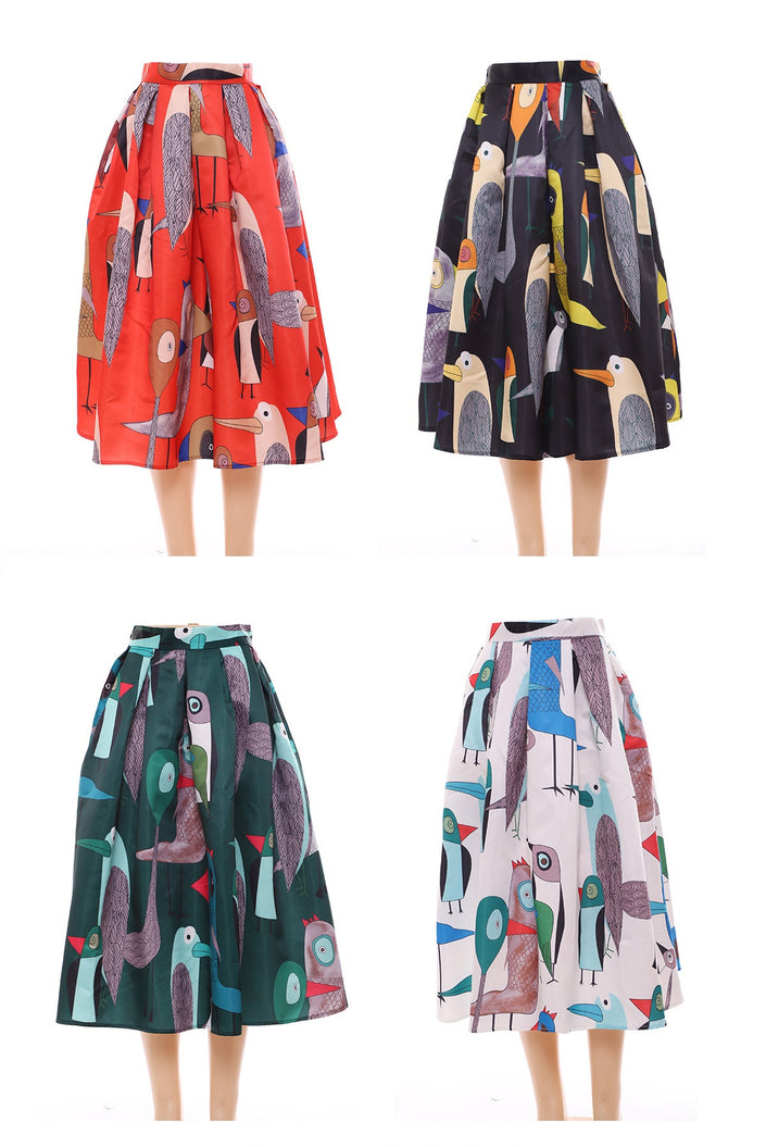 Women's Bird Pattern Pleated Midi Skirt