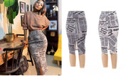 Women's High-Waisted Newspaper Print Side Slit Skirt