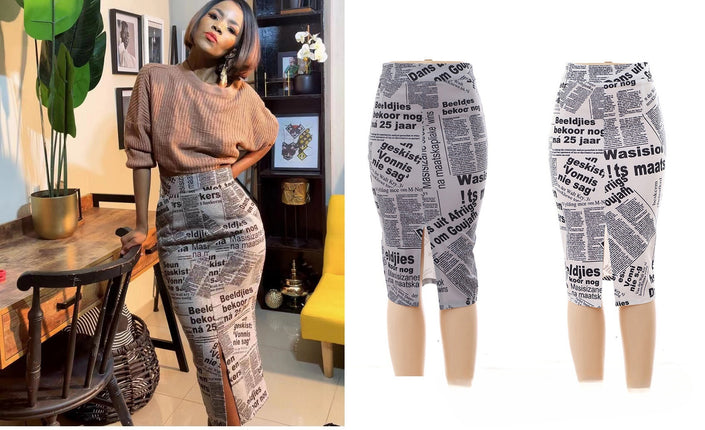 Women's High-Waisted Newspaper Print Side Slit Skirt
