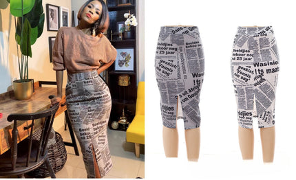 High-waist newspaper-print pencil skirt, white with black text