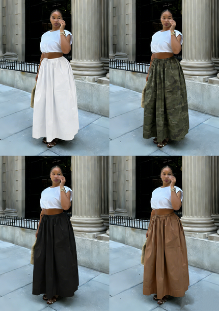 High waist maxi skirt in white, green, black, and tan, full length with elastic waist