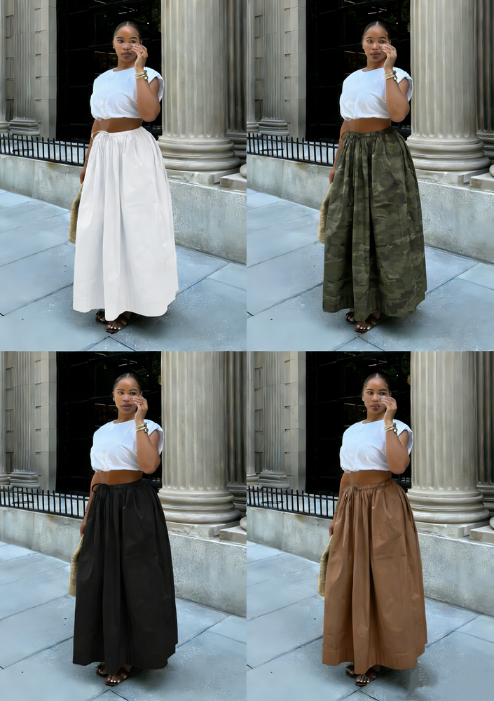 High waist maxi skirt in white, green, black, and tan, full length with elastic waist
