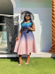 Baby-blue to pink gradient V-neck A-line dress with bow belt, sleeveless