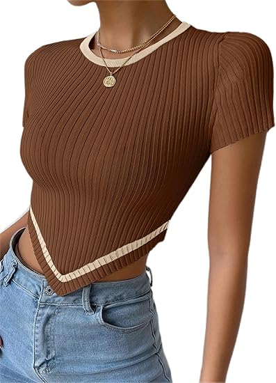 Brown pleated stripe trim top with short sleeves and white angled hem trim
