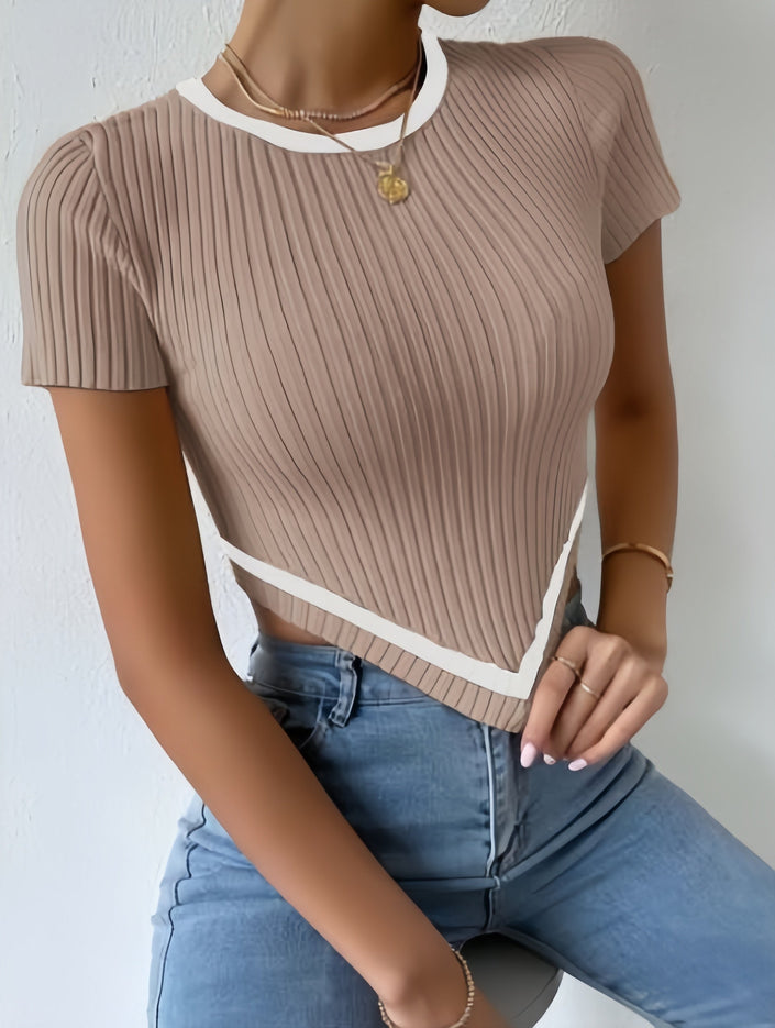 Beige pleated stripe trim top with short sleeves and white angled hem trim
