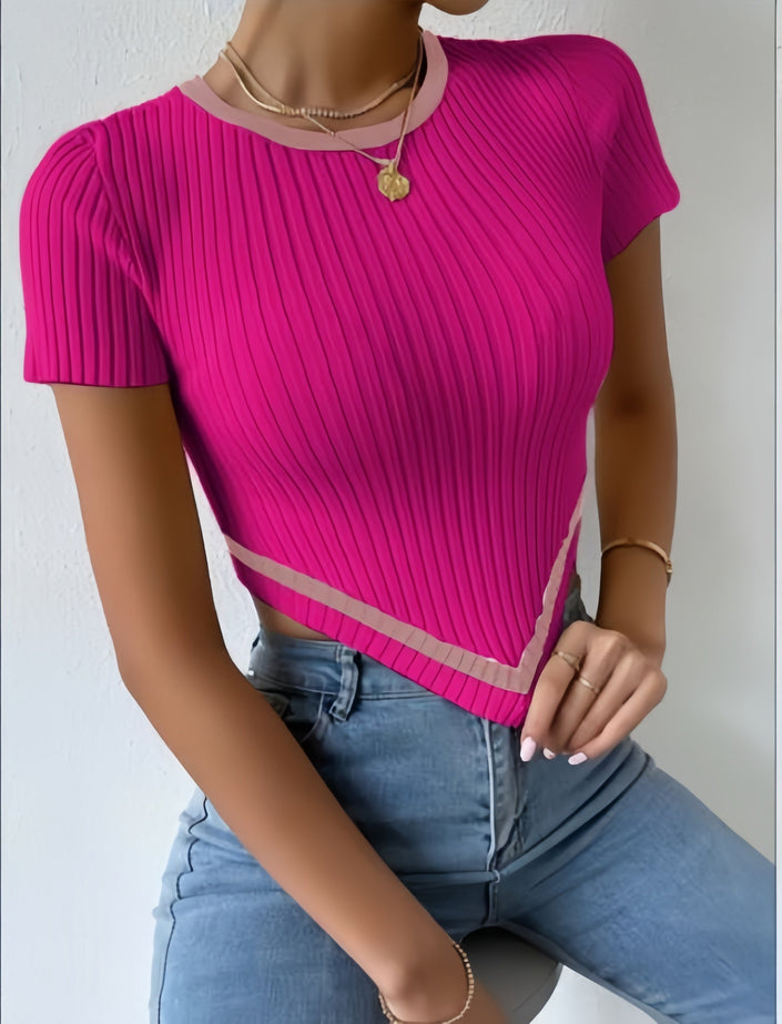 Hot-pink pleated stripe trim top with short sleeves and white angled hem trim