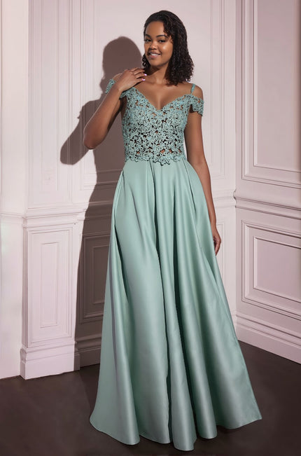 Teal off-shoulder lace floral maxi evening dress with fitted bodice and flared skirt