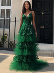 Green glitter ruffle gown with layered tulle skirt, V-neck sleeveless evening dress