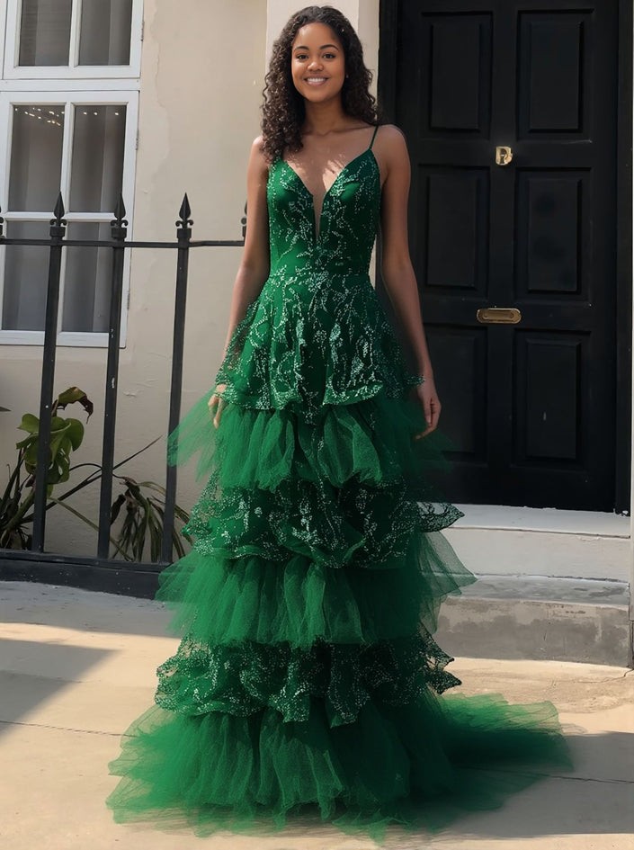 Green glitter ruffle gown with layered tulle skirt, V-neck sleeveless evening dress