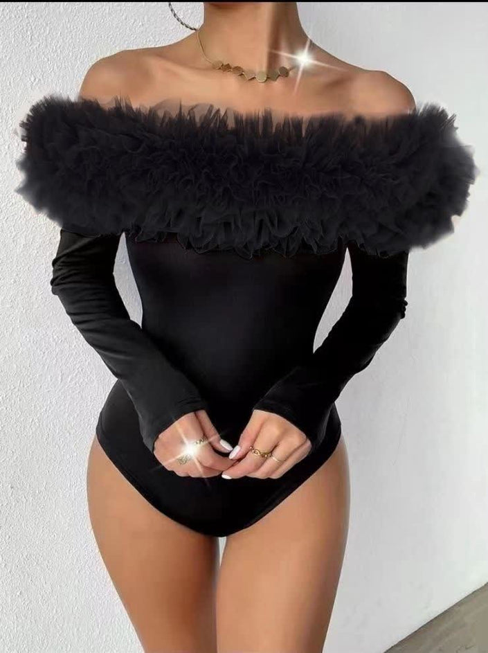 Black off-shoulder bodysuit with fluffy ruffled puff sleeves and high-cut leg